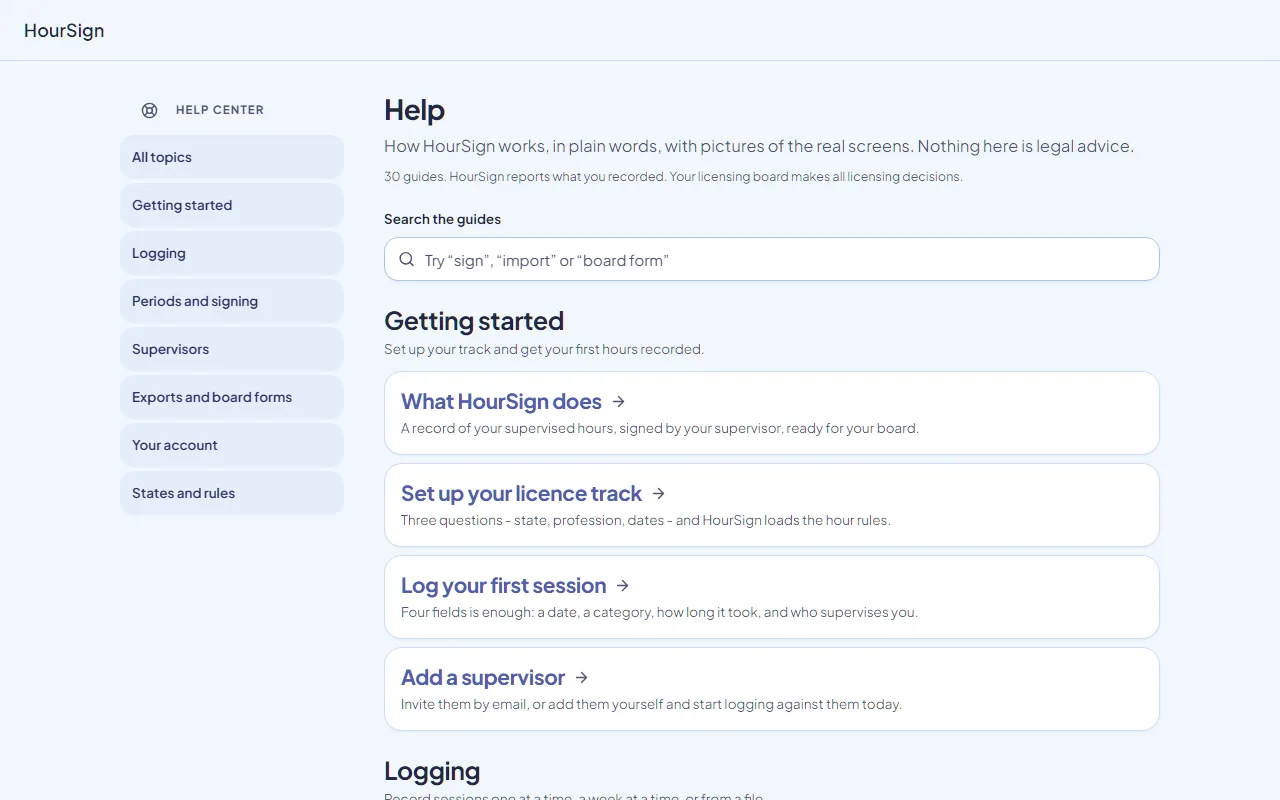 The HourSign Help Center: a list of topics down the side, a search box, and the Getting started guides, from what HourSign does to adding a supervisor.
