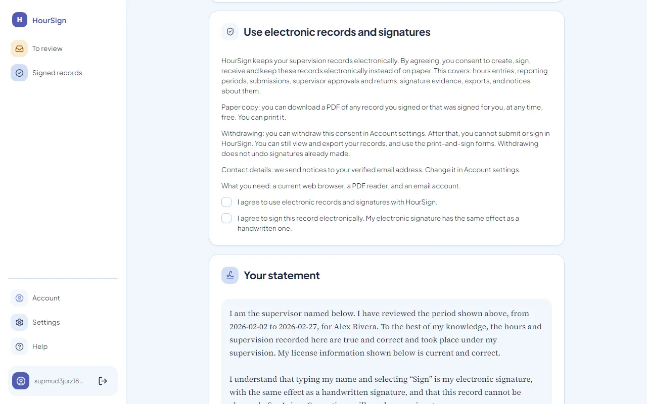 The supervisor's signing screen: consent to electronic records, two agreement checkboxes, and the attestation statement in full.
